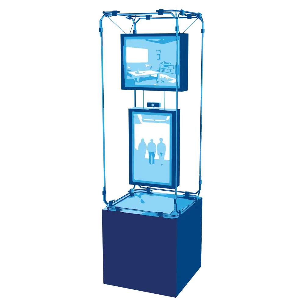 Produktdesign von Janick Entrop: Skizze der gesamten Installation Wiederleben mit Komponenten wie Kamera, Monitoren und Struktur.